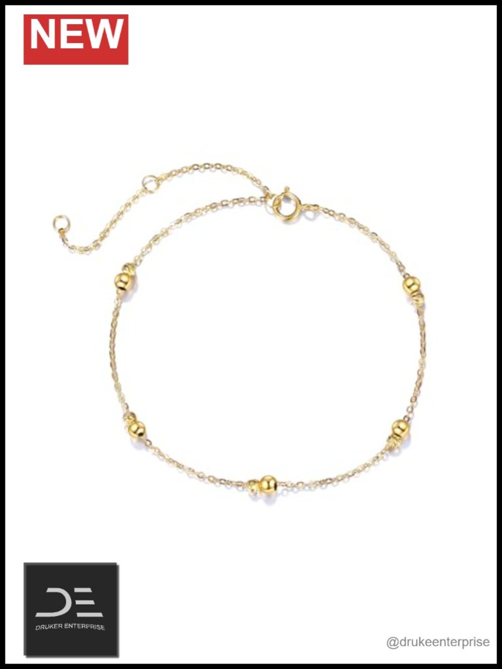 14K Gold Bead Station Bracelet Women Tiny Beads Link Chain Anklet Gift Box